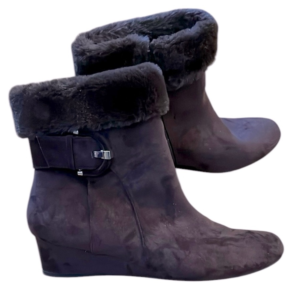 IMPO GEORGIE WEDGE ANKLE BOOT WITH FAUX FUR CUFF DARK CHOCOLATE BROWN SIZE 8.5